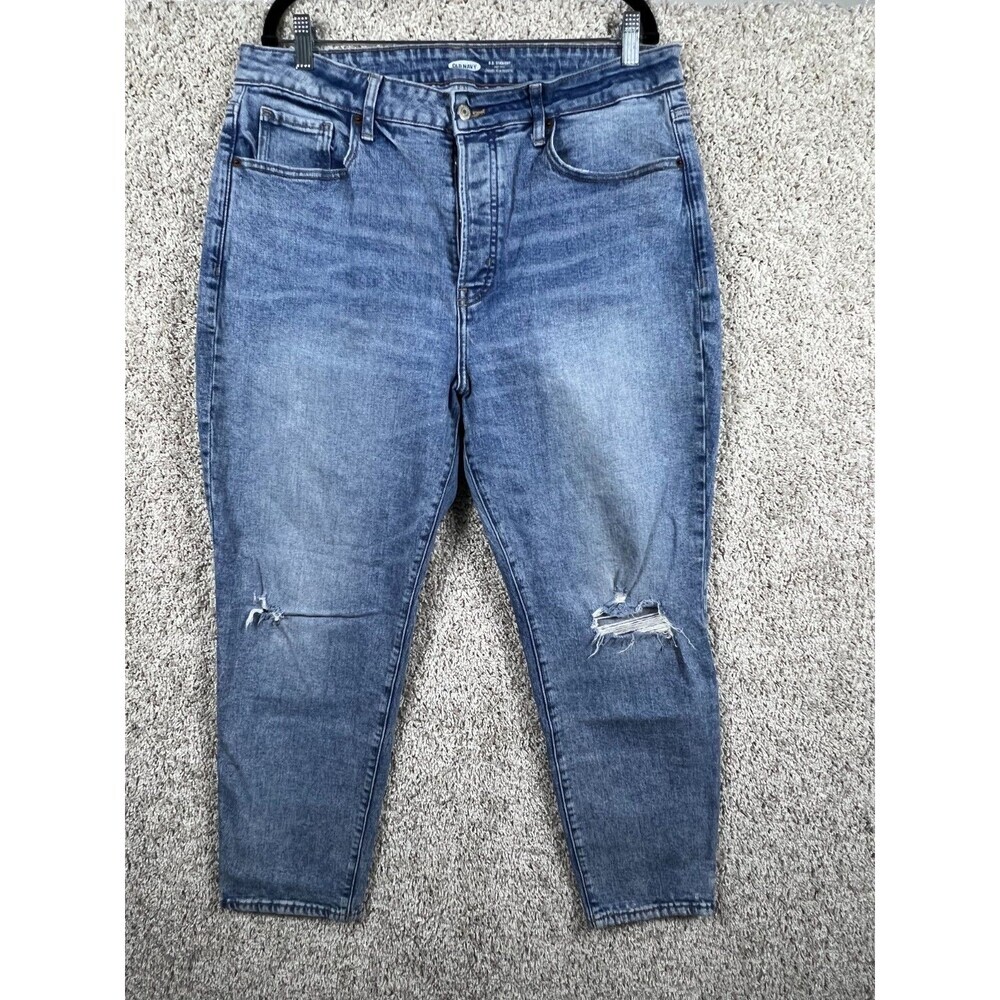 Old Navy O.G. Straight High Rise Jeans Women Size 16 Distressed Blue Denim Stret
